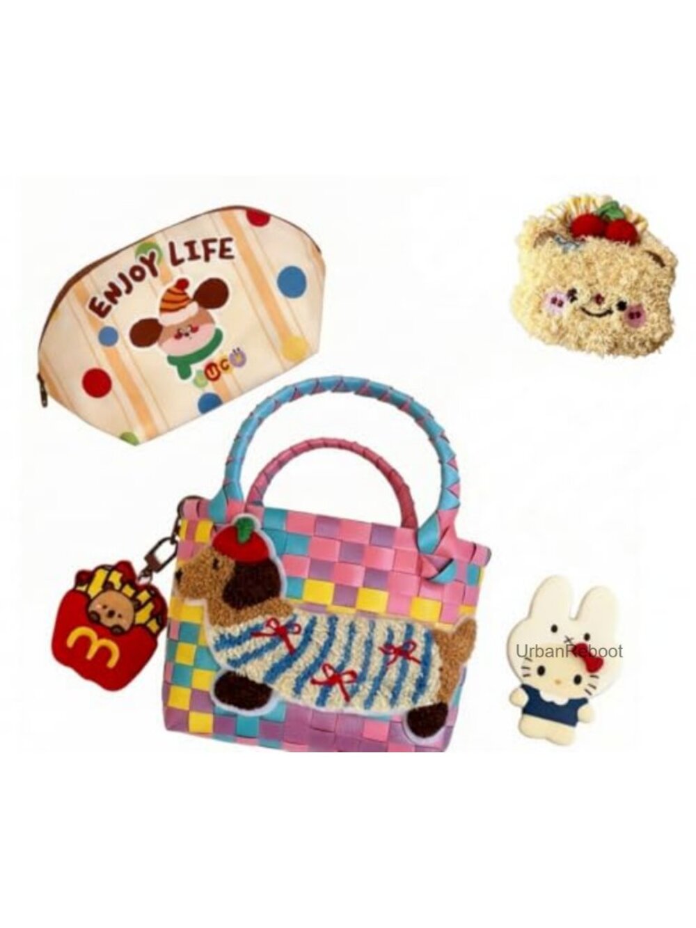 Woven Mini Tote Bag Set Womens Purse Pouch Plush Charm Hair Accessories